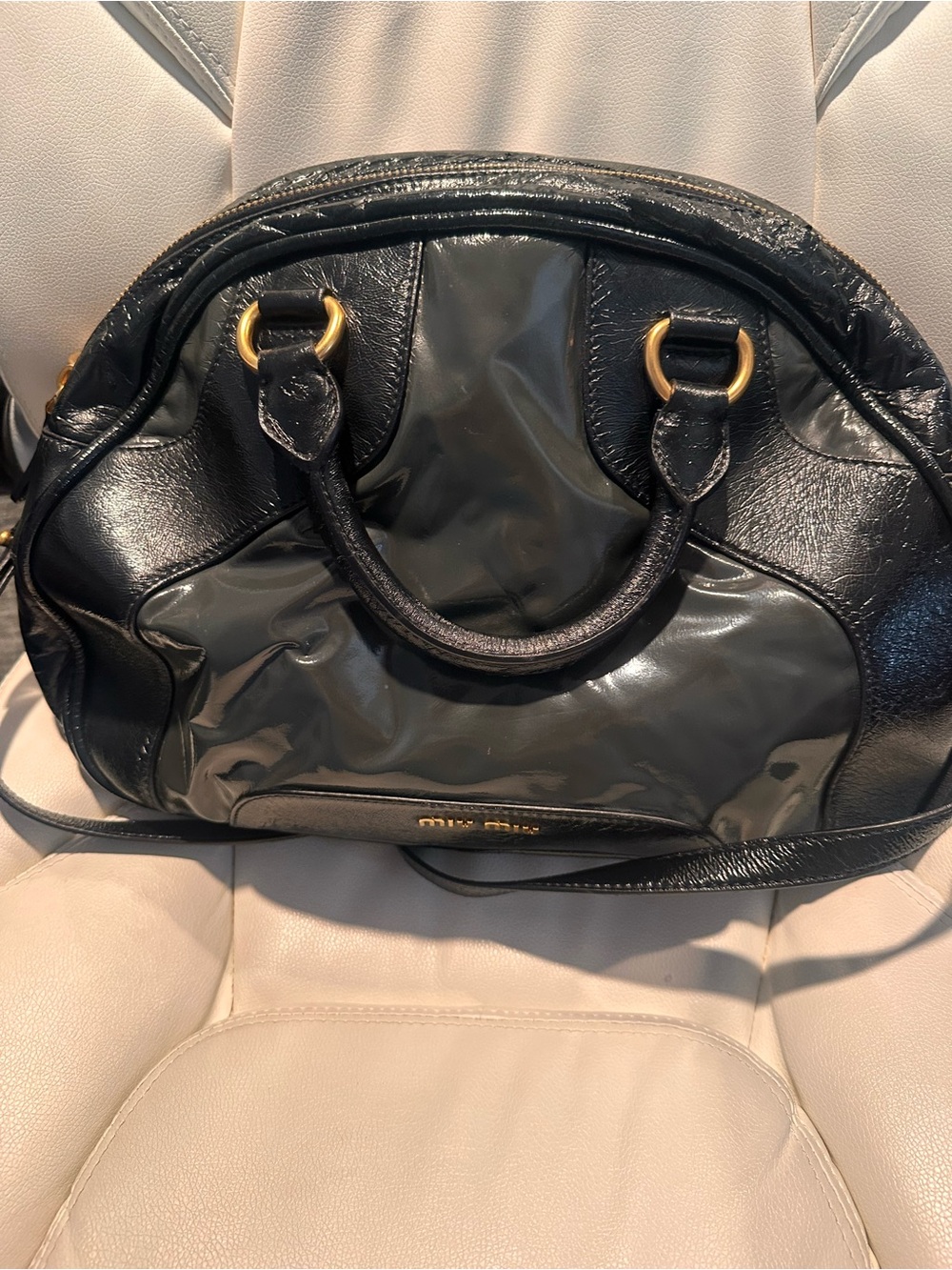 Miu Miu Black Patent and Leather Satchel with Gold Hardware